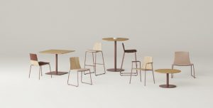 Office dining furniture collection with various wood finishes, in standard height and cafe height