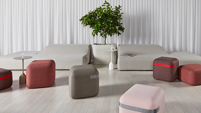 Open collaboration space with different colored cube cushion seats, two small round tables one white and one brown, two modern style lite grey couches and a decorative tree.