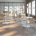 collaborative space with montara650 table of different sizes, 2 tall and 2 small, with chairs and stools