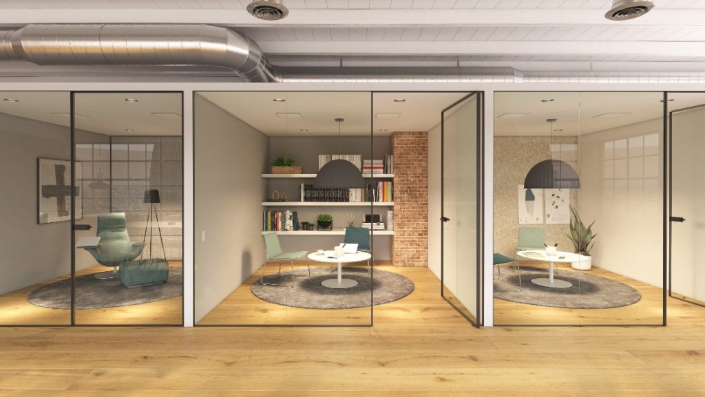 Private office spaces allow for focus with glass doors and different tables and seating options