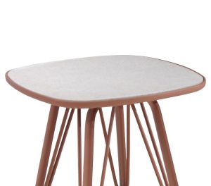 Outdoor patio table with copper base and rounded marble top
