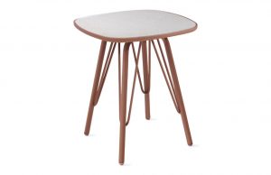 Outdoor patio table with copper base and rounded marble top