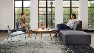 Office social space with lounge couch, wooden table, armless side chairs, and office rug