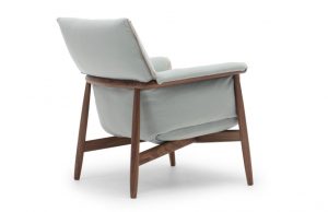 Wooden office lounge chair with light blue cushion and back