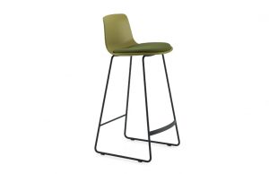 Counter height stool with curved back and green seat cushion