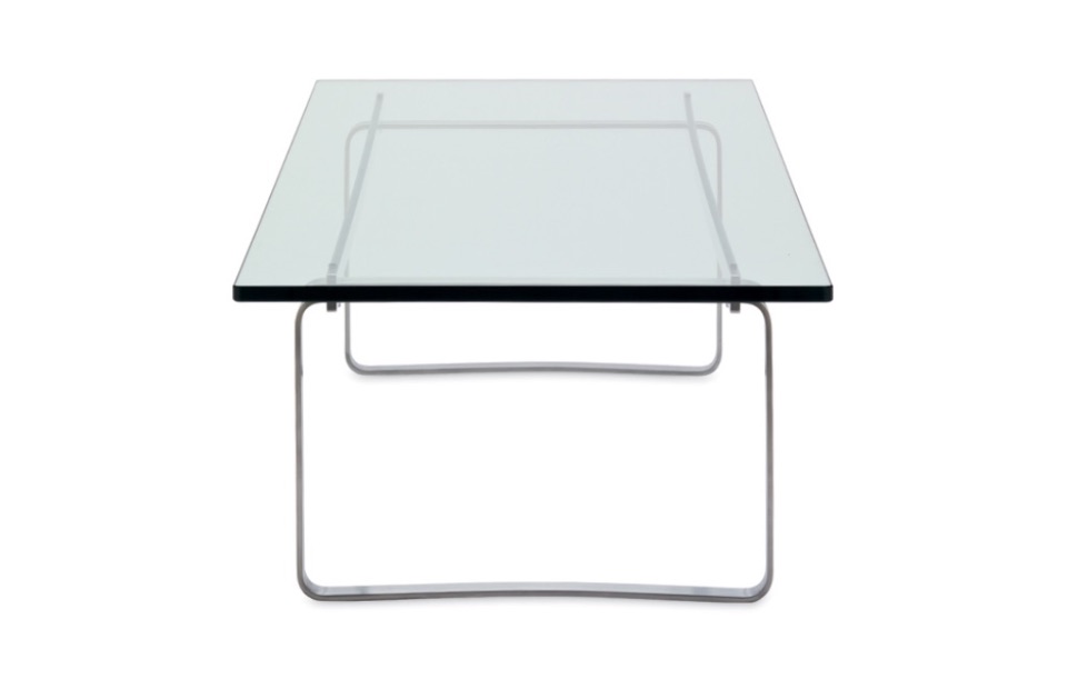 Glass top coffee table with rounded aluminum base and legs