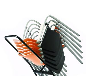 Stacked orange and metal Enea office side chairs on black metal dolly
