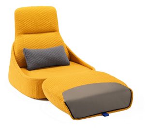 Plush office lounge chair with textured yellow upholstery, matching ottoman, and grey lumbar pillow
