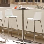 two enea lottus high tables with a pair of enea lottus white stools each