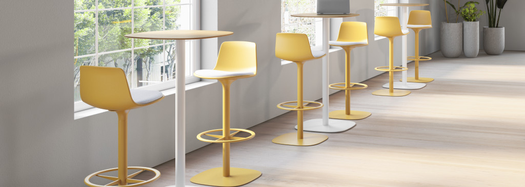 Yellow cafe-height stools with matching wood-top high cafe tables