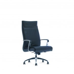 High-backed office conference chair with black leather upholstery