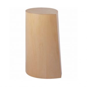 Natural wood side table with round top and balance point on side