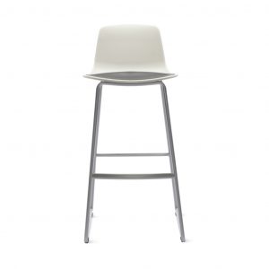 Slim office stool with white back and seat, grey cushion, and aluminum legs