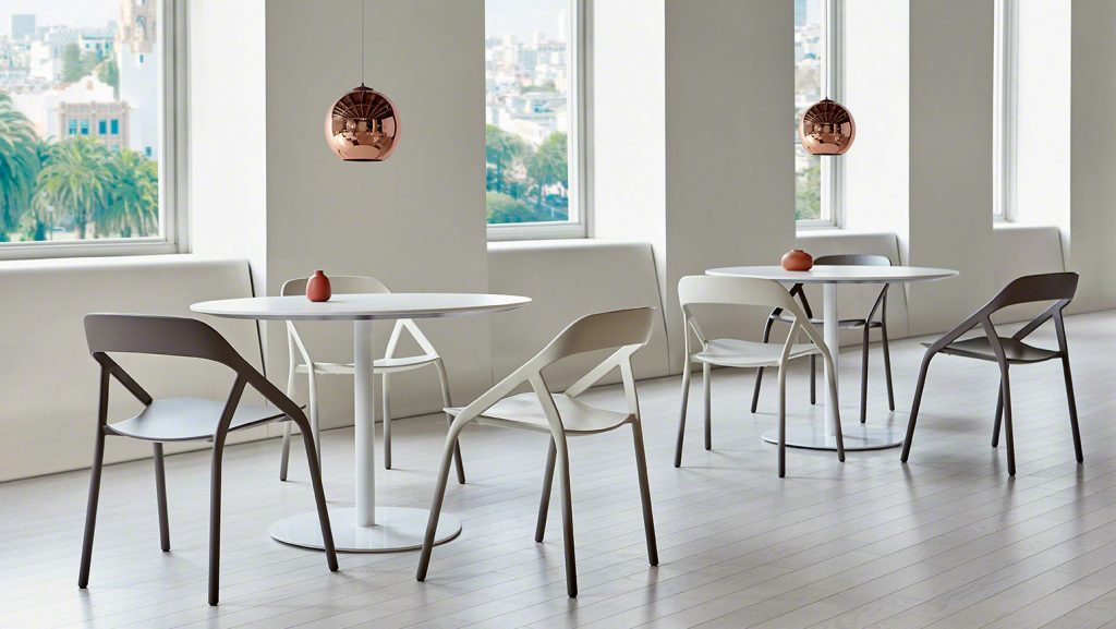 Office lounge area with round tables, slim chairs made of white and grey finished carbon fiber, and mirrored copper hanging lamps over each table
