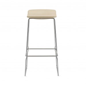 Low-profile backless office stool, upholstered in cream colors and with aluminum base