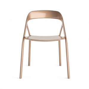 Rounded, aluminum, bronze-colored office side chair with slim back and rounded seat