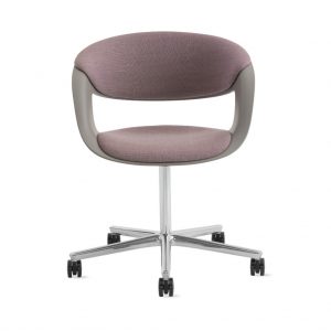 Low, open-backed office mobile guest chair with pale red upholstery and mobile aluminum base