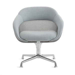 Mid-back office chair with grey upholstery, mesh backing, and polished aluminum legs