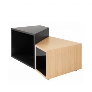 Angular wooden side storage table, made from mixed woods, with open front and flat surface for storage