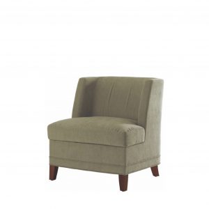 Plush office lounge chair with beige upholstery, dark wood legs, and square winged back