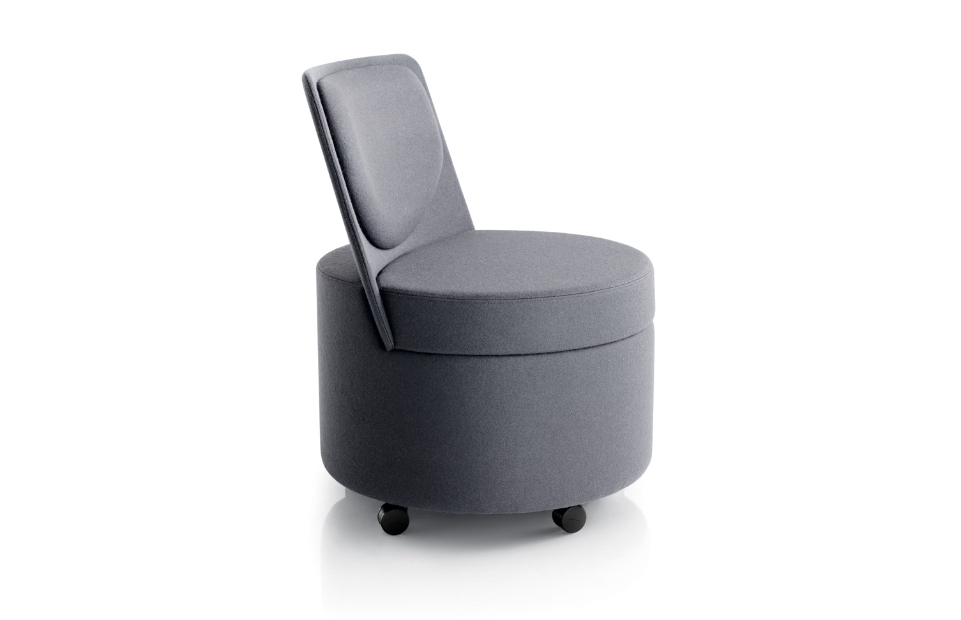 Mobile office side stool with raised back and grey upholstery