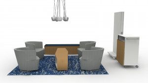 Design plan for office brainstorming space with wooden cabinets, low-back conference chairs, mobile storage, and mobile whiteboard