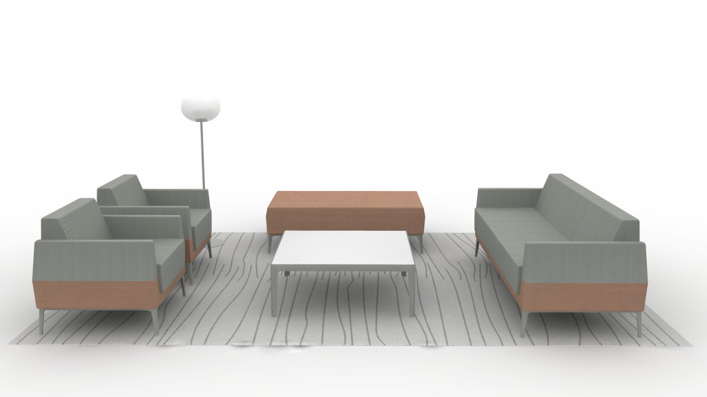 3D planning layout of office social space with matching chairs, couches, benches, and side tables