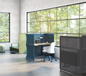 Lagunitas Lounge System privacy screens create a freestanding focus nook with desk and office chair