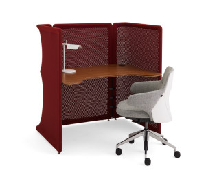 Maroon Lagunitas Focus Nook with wooden worksurface and grey mobile office chair