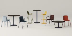 Collection of office chairs of various heights and colors, including low-rise lounge chairs, cafe-height chairs, and lounge stools