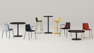 Collection of office chairs of various heights and colors, including low-rise lounge chairs, cafe-height chairs, and lounge stools