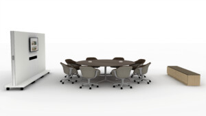 Modern table setup with chairs, round table, and digital display kiosk