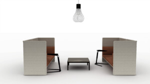 Modern privacy lounge seating with upholstered booths, side tables, central coffee table, and pendant light
