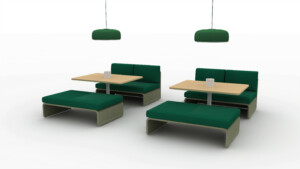 Modern lounge seating setup with green upholstered benches, wood tables, and pendant lighting
