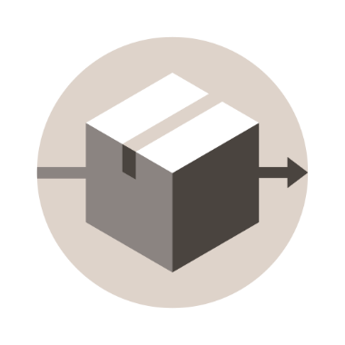 Shipping box icon with packaging tape and arrow passing to the right behind the box inside a tan circle