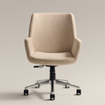 Bindu Conference chair in beige color with a metal base and wheels. The background is solid beige color.