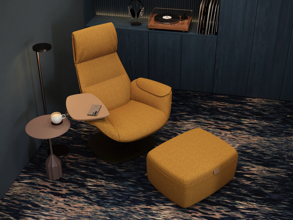 Modern lounge chair with ottoman, side table, and floor lamp in contemporary interior setting