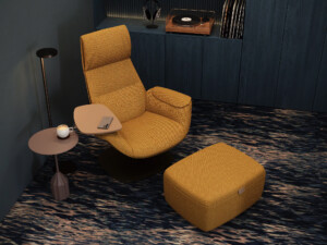 Modern lounge chair with ottoman, side table, and floor lamp in contemporary interior setting