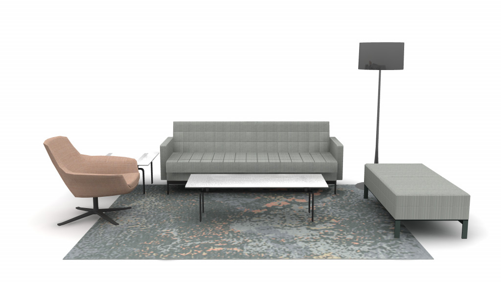 CGI office lounge plan layout with orange couch, brown armchair, white bench, and glass tables
