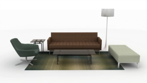 Modern lounge seating arrangement with sofa, armchair, bench, coffee table, and floor lamp
