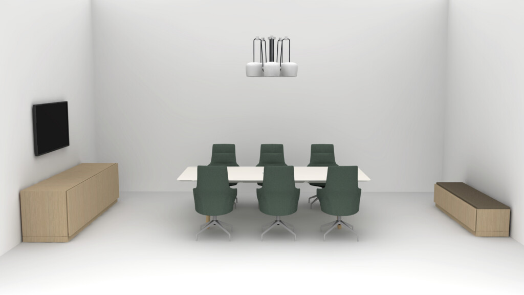 Modern conference room with white meeting table, green chairs, storage cabinet, and wall-mounted screens