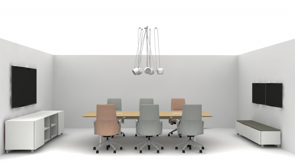 3D plan for collaborative space in office with long wooden meeting table, wheeled office chairs, television mounted to wall, and storage cabinets on either side