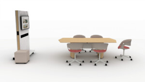 Modern meeting room setup with wood conference table, rolling chairs, and mobile digital display