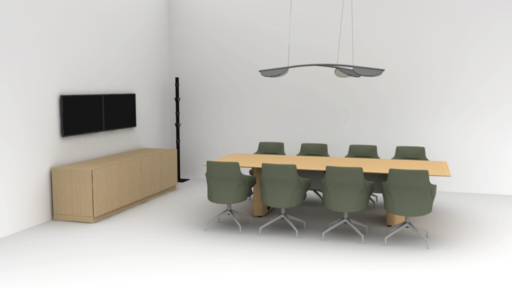 Modern conference room with wood meeting table, green chairs, storage cabinet, and wall-mounted screens