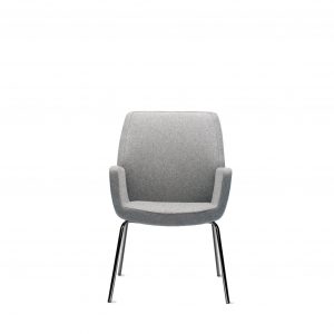 Mid-century modern office side chair with grey upholstery, armrests, and aluminum base