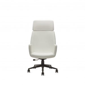 White high-backed conference room chair with headrest, adjustable base, and wheels