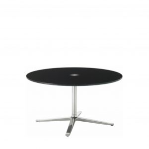 Circular black office coffee table with polished aluminum base