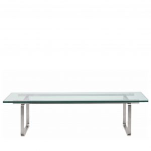 Solid glass coffee table with green edge and polished aluminium legs