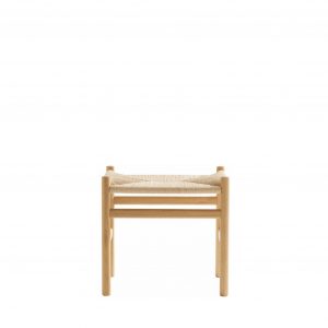 Low wooden stool with wicker seat