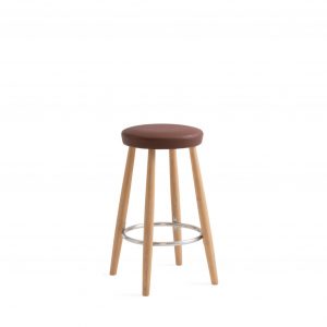 Round top office stool with brown leather upholstery and wooden legs